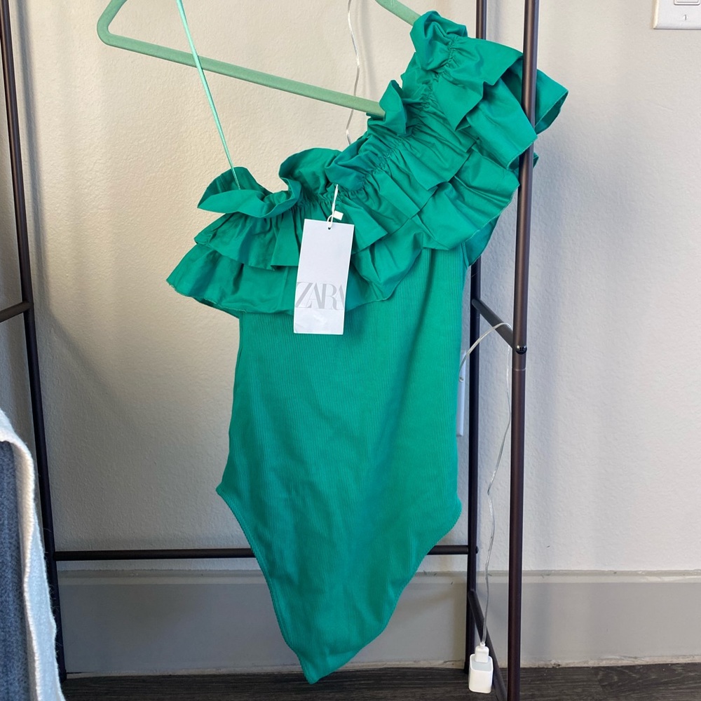 Ruffled Asymmetrical Green Body Suit